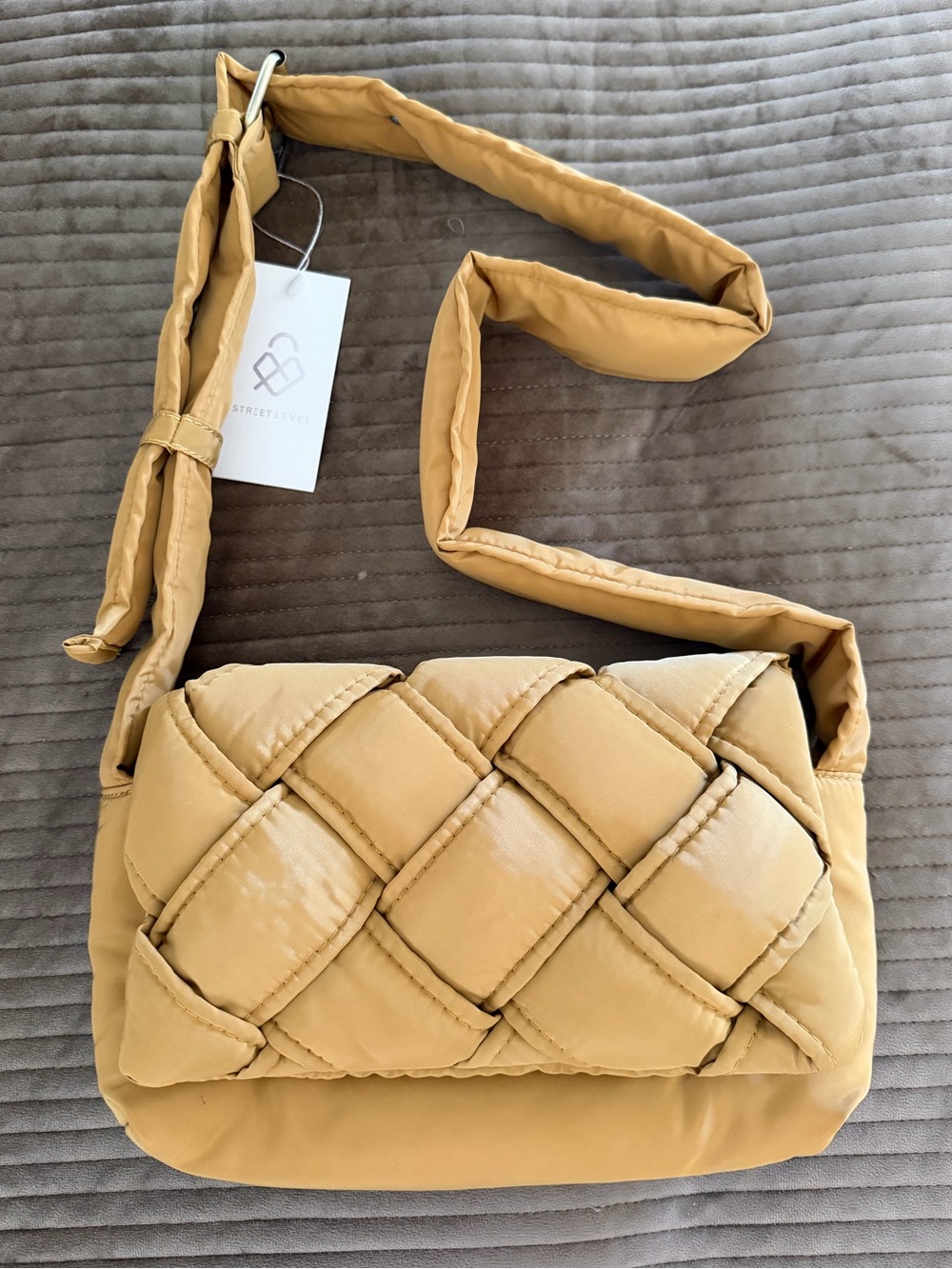 Street Level Mustard Gold Quilted Basketweave Nylon Flap Convertible Bag